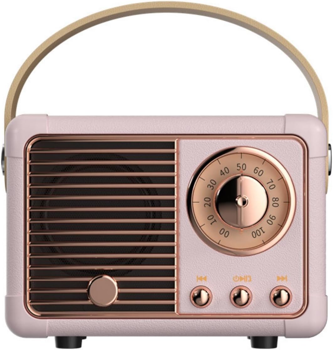 Vintage-style radio with pink casing and rose gold accents on a white background
