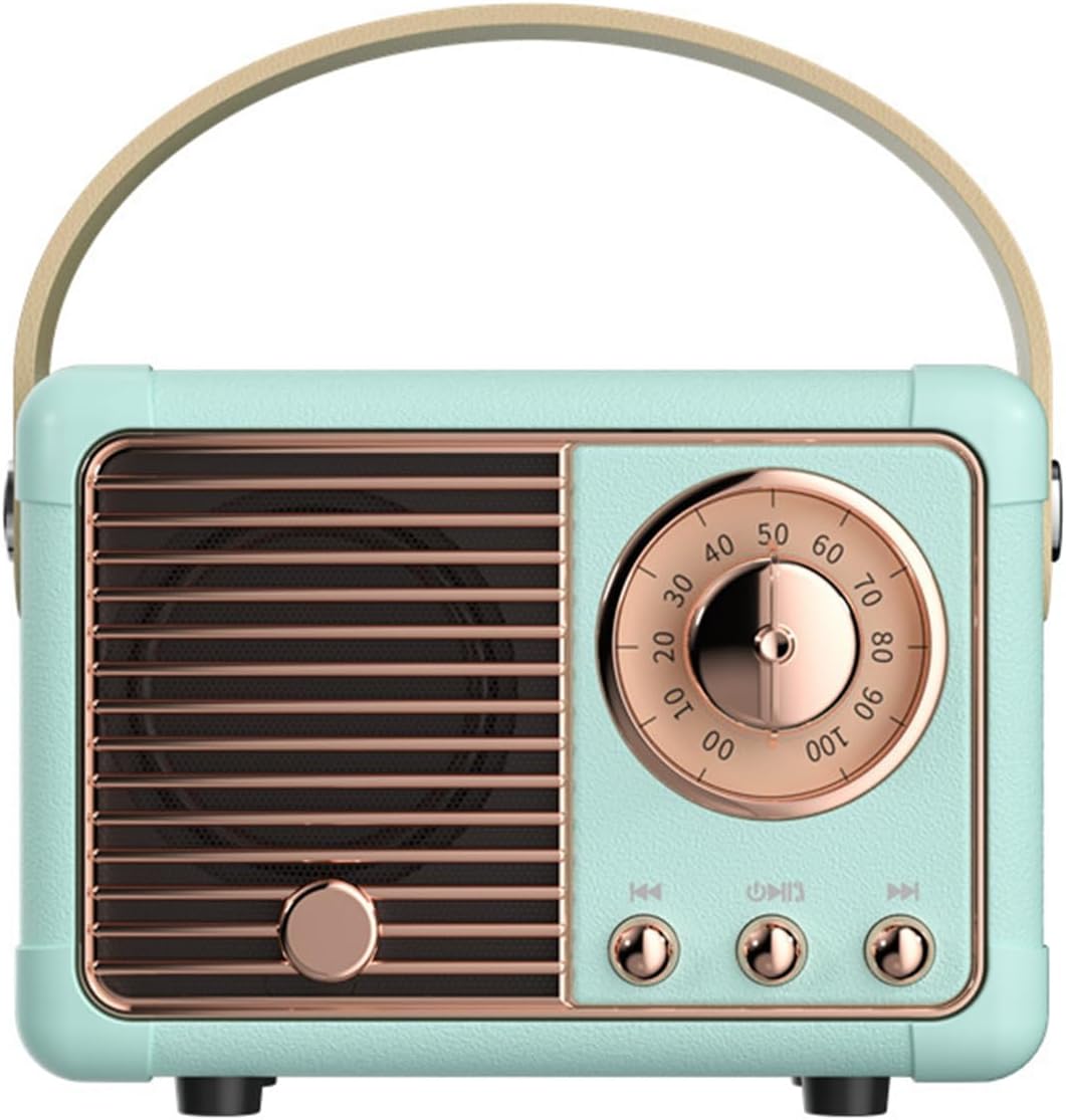 Vintage-style radio with turquoise casing and rose gold accents on a white background