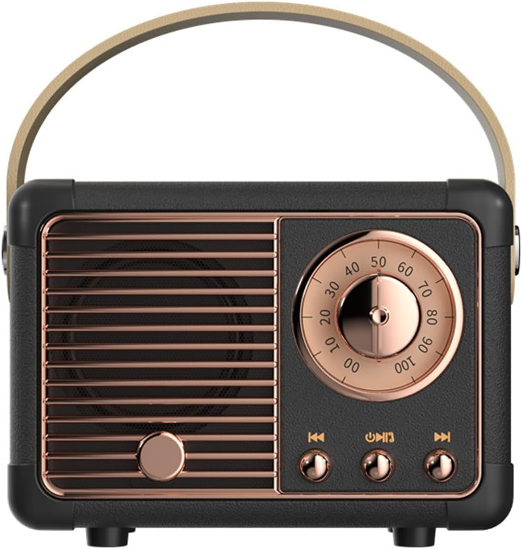 Vintage-style radio with black and rose gold design on a white background
