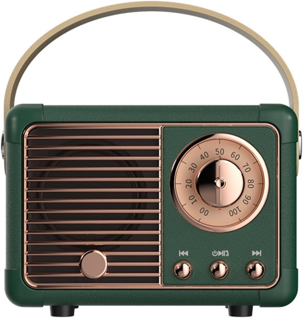 Vintage-style radio with green casing and bronze accents on a white background