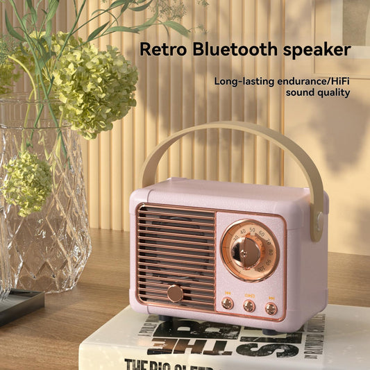 Retro Bluetooth speaker on a table with decorative elements