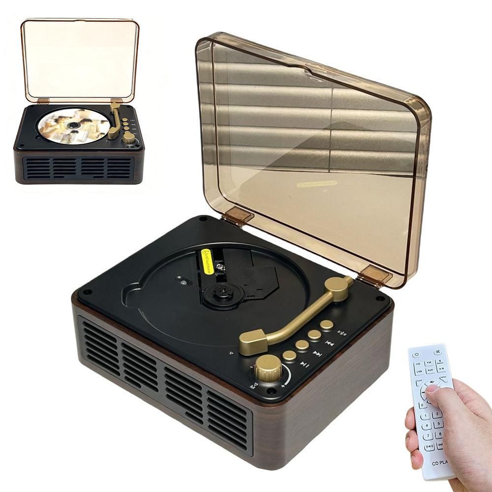 Vintage-style record player with open lid, remote control, and record on a white background