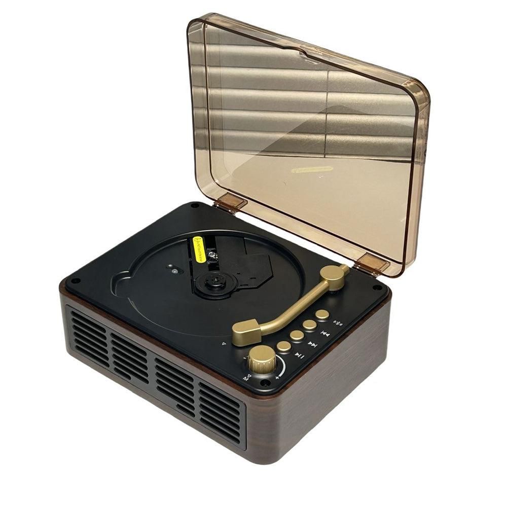 Vintage-style record player with a clear smoked glass cover on a white background