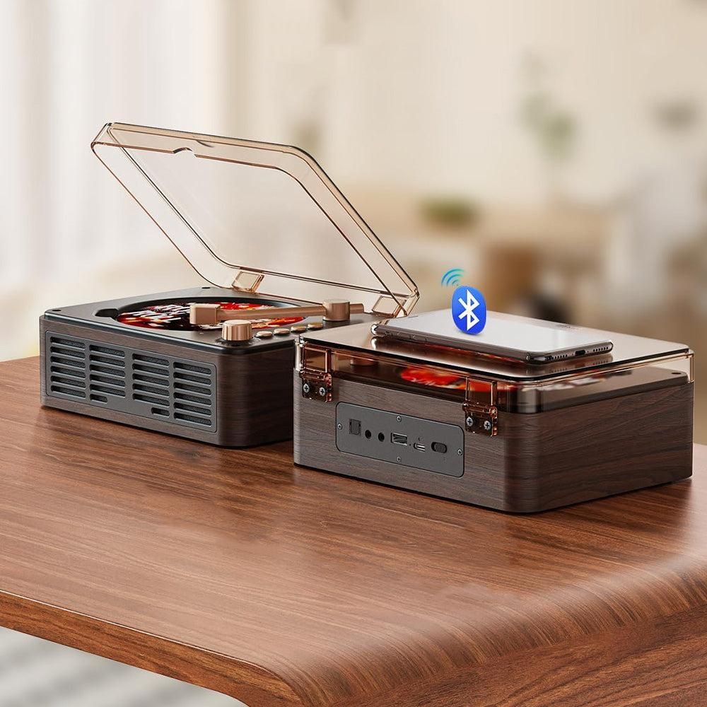 Record player with Bluetooth connectivity on a wooden surface
