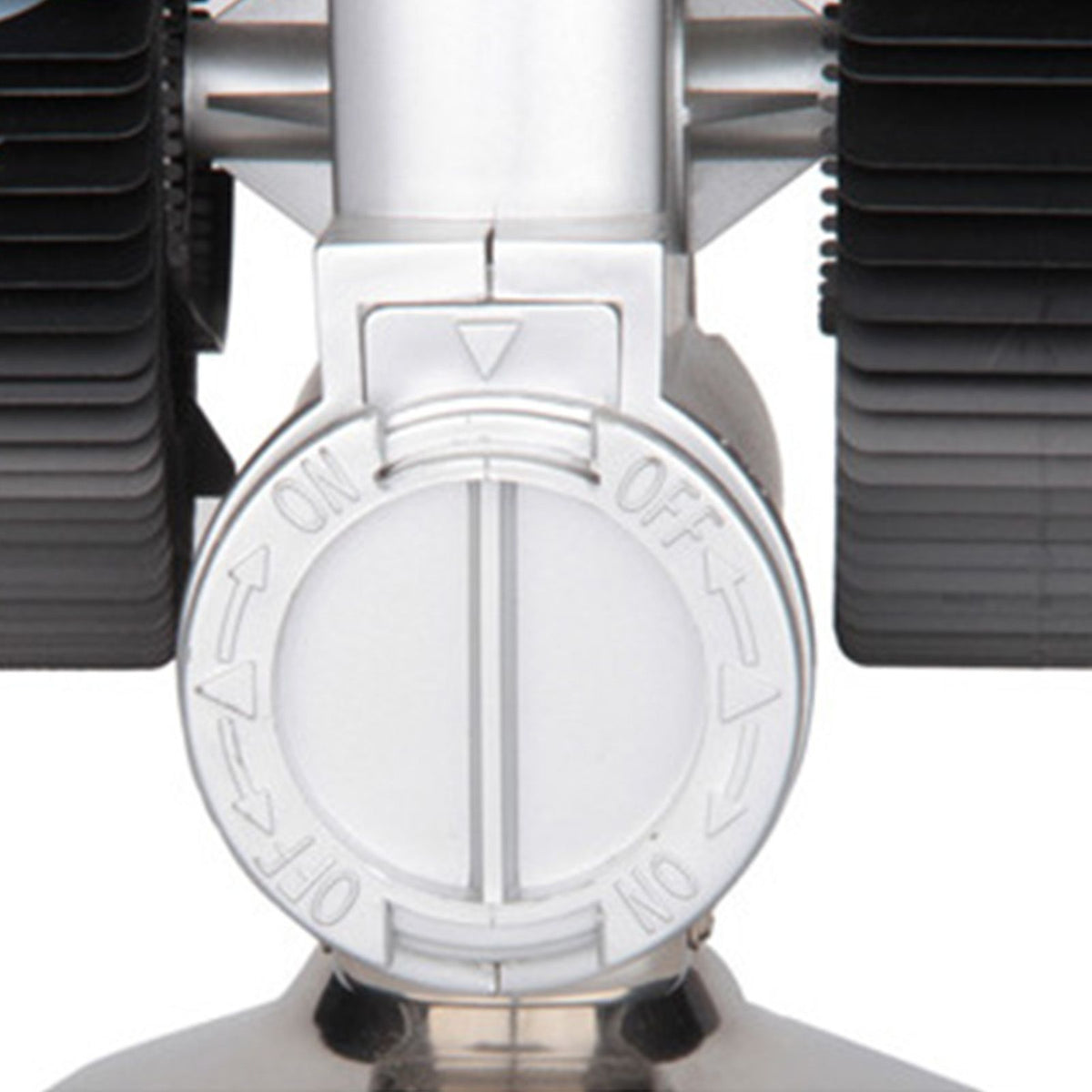 Close-up of a metallic valve with 'ON' and 'OFF' labels on a white background
