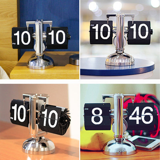 Flip clock with digital display on a stand in various settings