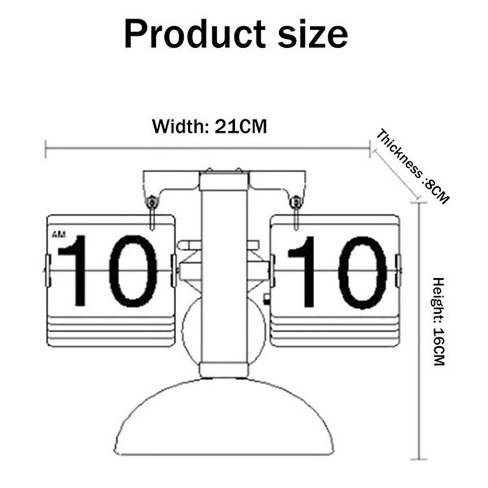 Product size diagram showing a flip clock with dimensions labeled: width 21CM, thickness 3CM, and height 16CM on a white background.