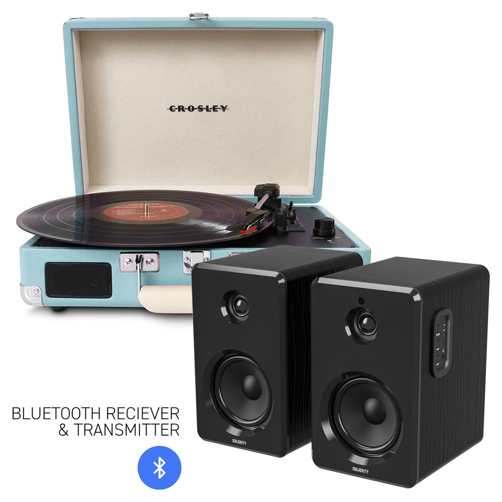 Crosley Cruiser Turquoise Bluetooth Turntable + Majority D40 Speakers Bundle