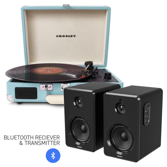 Crosley Cruiser Turquoise Bluetooth Turntable + Majority D40 Speakers Bundle