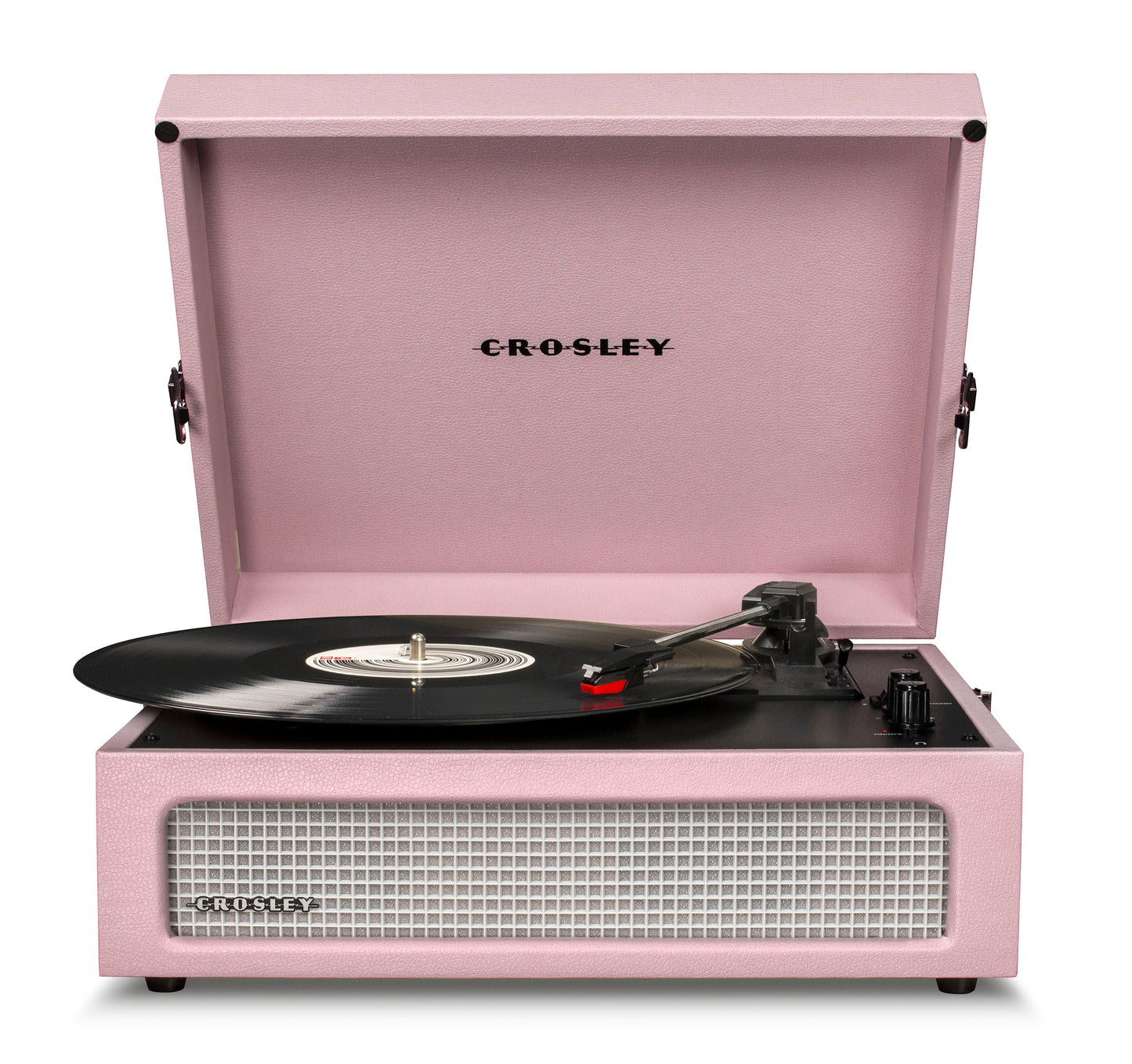 "Crosley Voyager Amethyst portable turntable front view with lid open in pink"