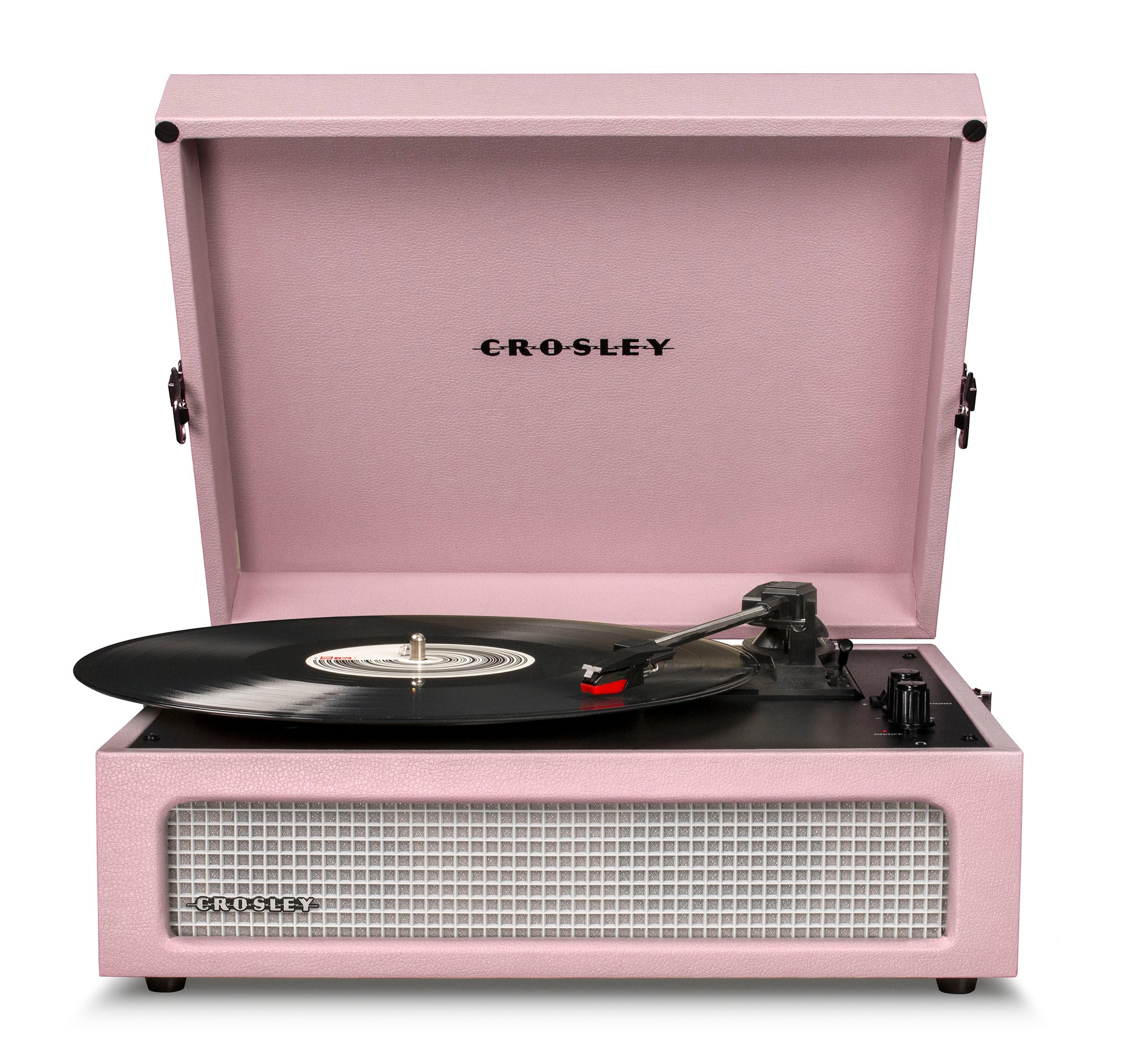 "Crosley Voyager Amethyst portable turntable front view with lid open in pink"