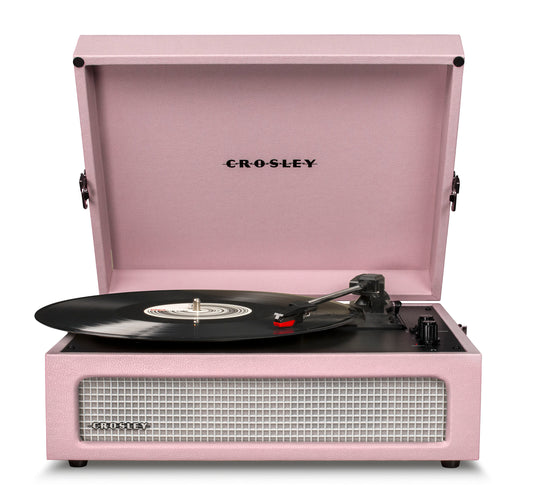 "Crosley Voyager Amethyst portable turntable front view with lid open in pink"