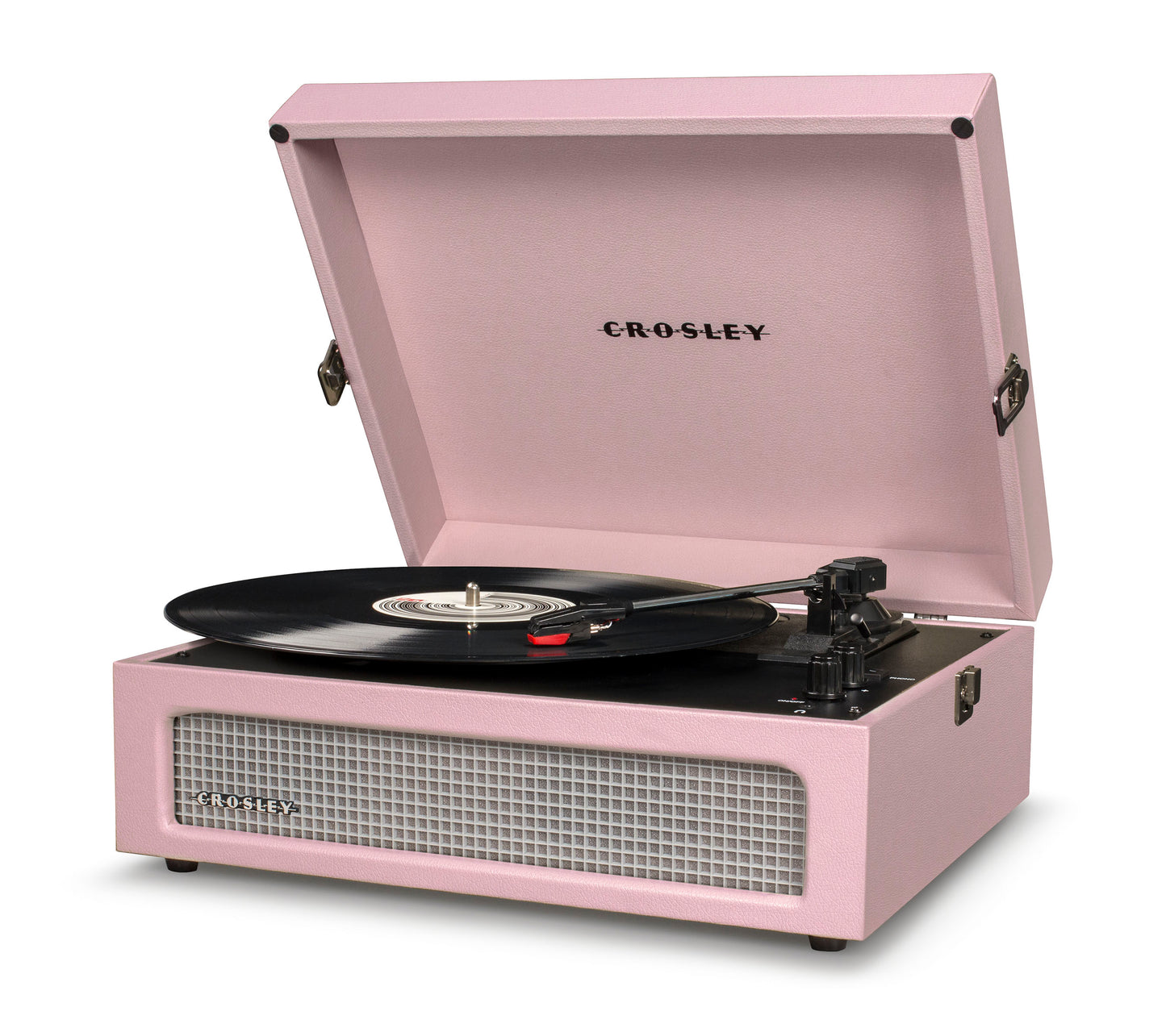 Pink Crosley record player with open lid on a white background