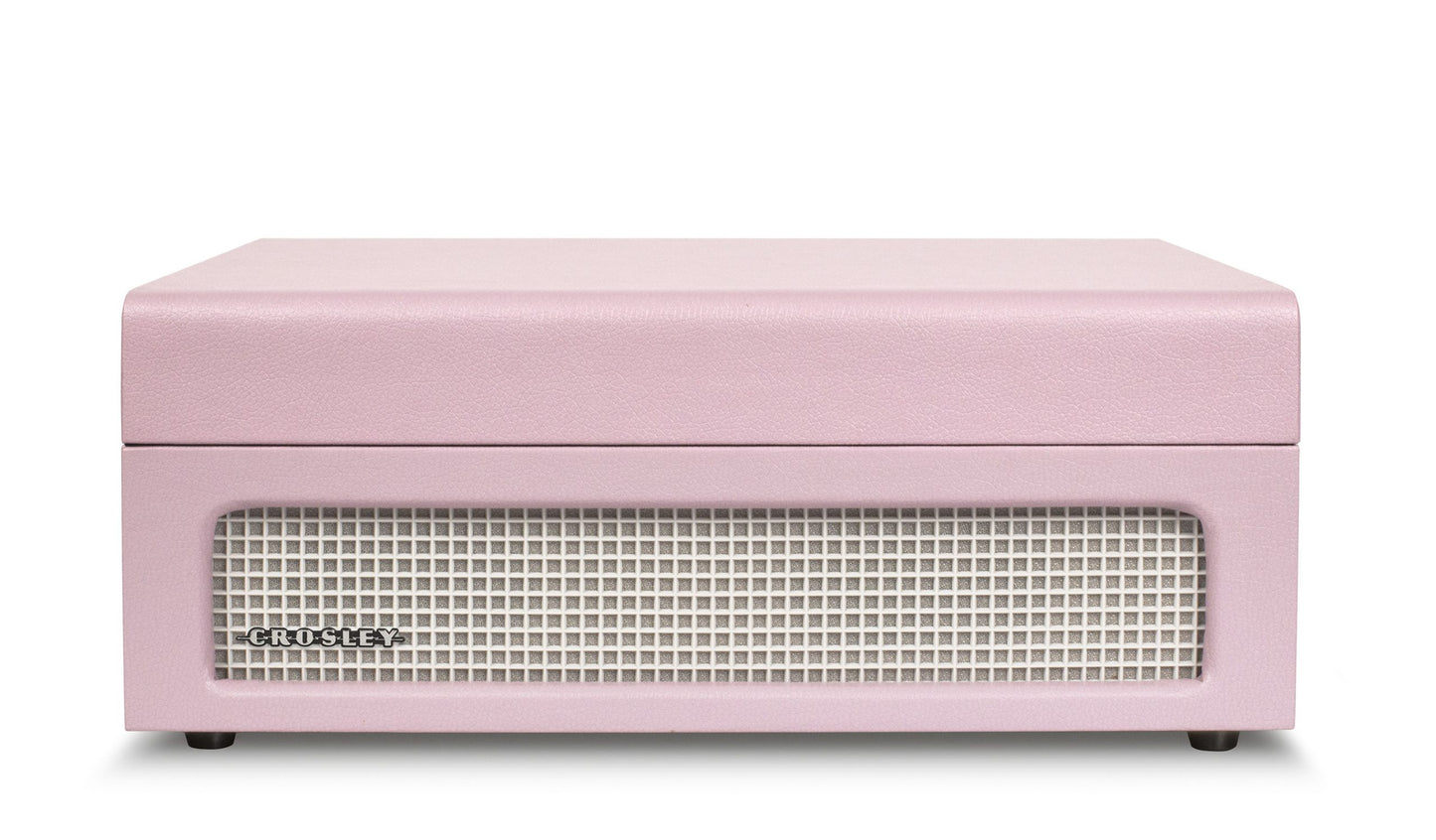 "Crosley Voyager Amethyst portable turntable closed with Crosley branding over white speaker grill"