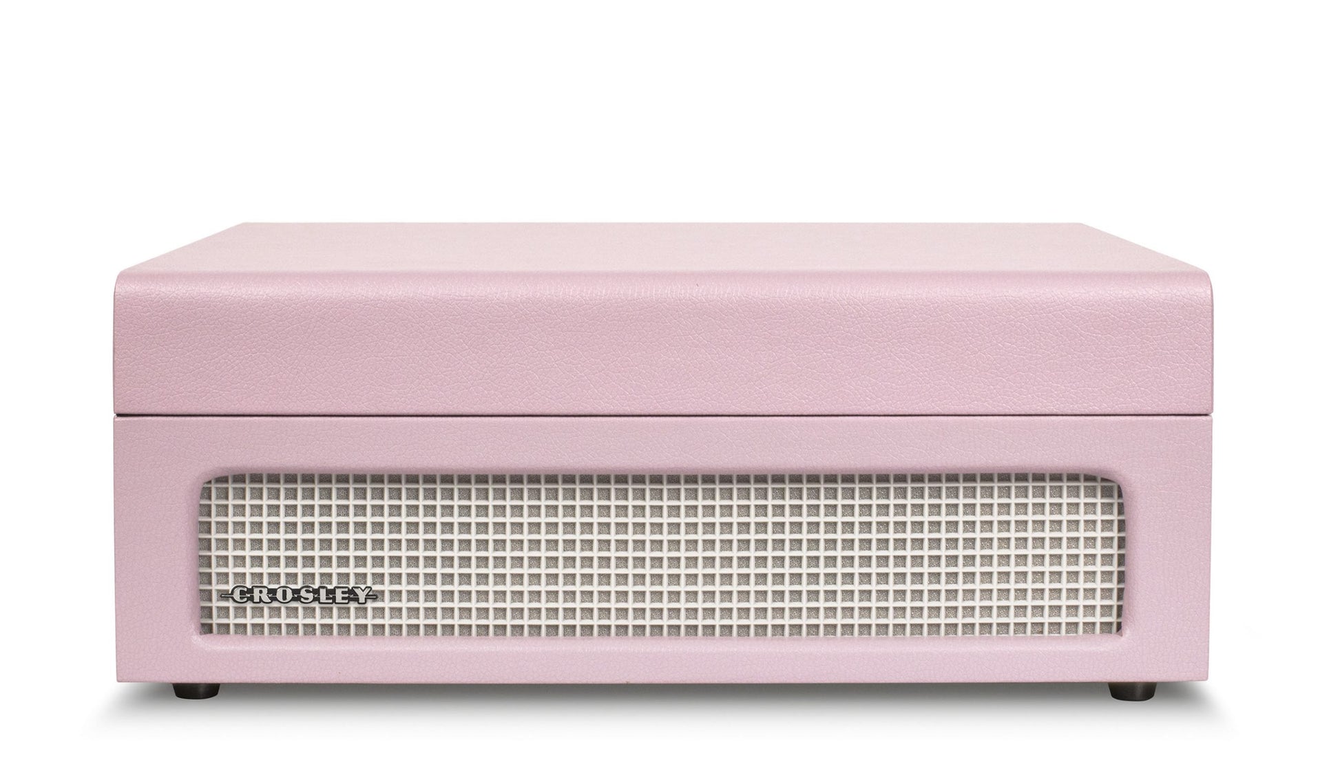 "Crosley Voyager Amethyst portable turntable closed with Crosley branding over white speaker grill"