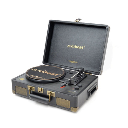 Vintage-style mbeat Uptown Retro turntable and cassette player in black velvet suitcase with gold hardware, ideal for.