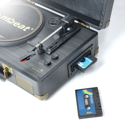 Black vintage-style turntable and cassette player with velvet-like texture, gold accents, and open lid on white background,.