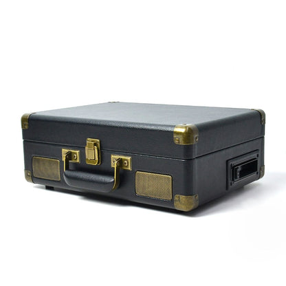 Retro velvet-covered suitcase turntable with brass corner protectors and handle, vintage style home decor accessory from.