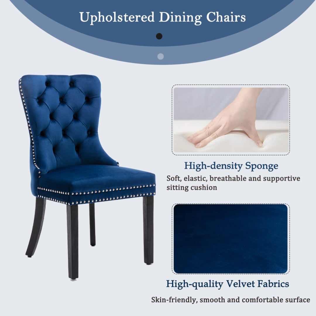 Pair of retro blue velvet tufted wingback dining chairs with stud trim and solid wood legs, showcasing high-density sponge.