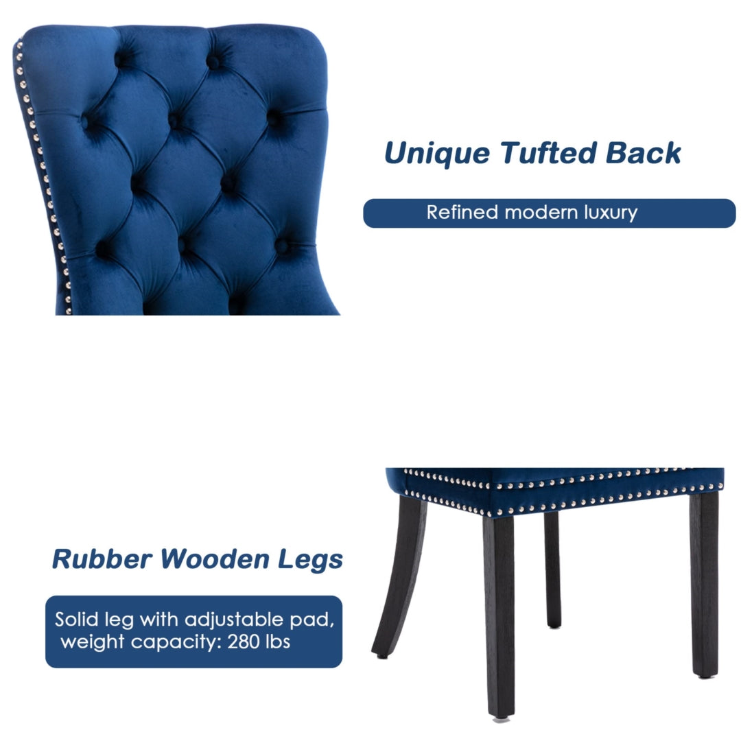 Close-up of blue velvet wingback chair with vintage tufted back and silver stud trim, showcasing retro-style solid wood legs .