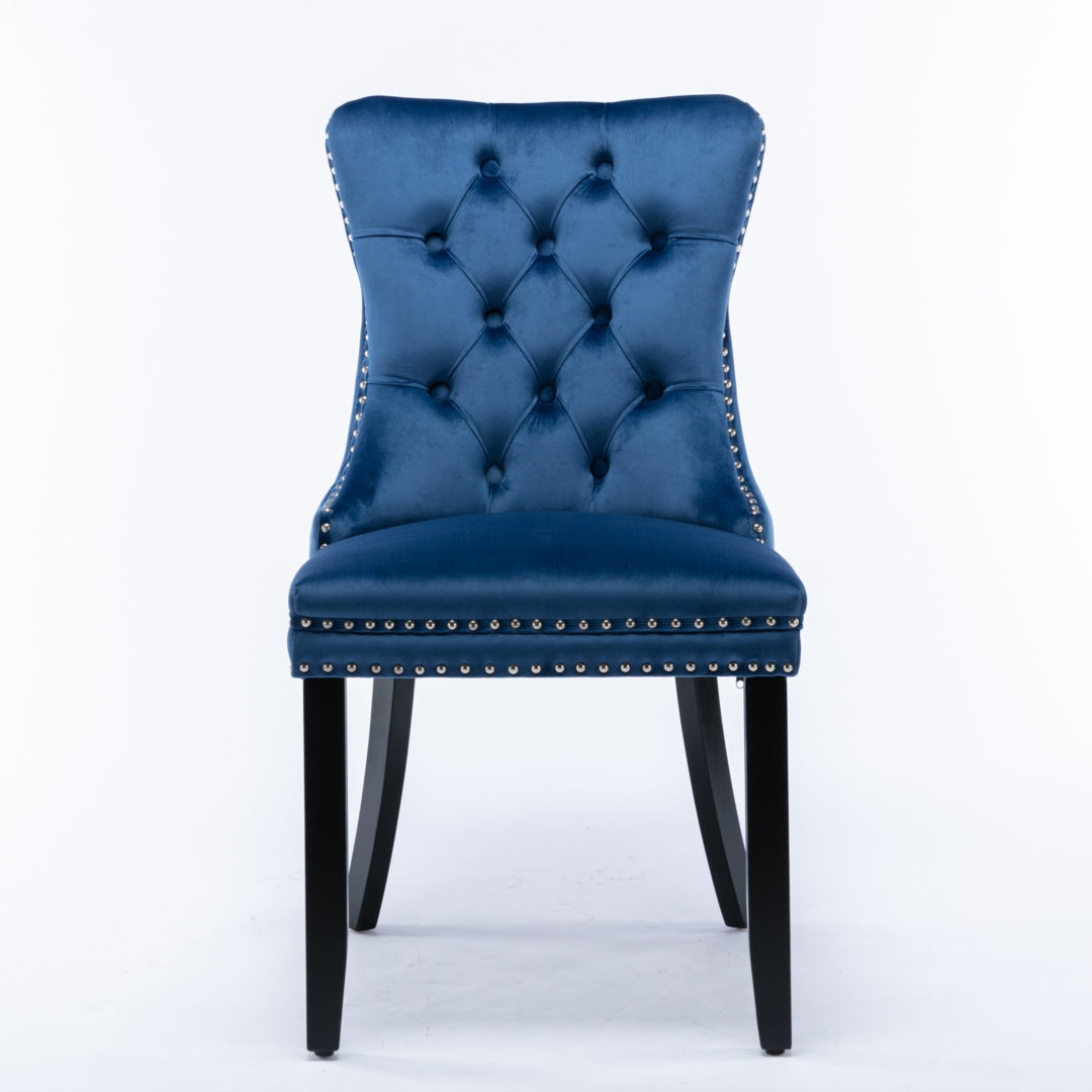 Blue velvet tufted wingback dining chair with silver stud trim and black solid wood legs, vintage retro style for Australia.