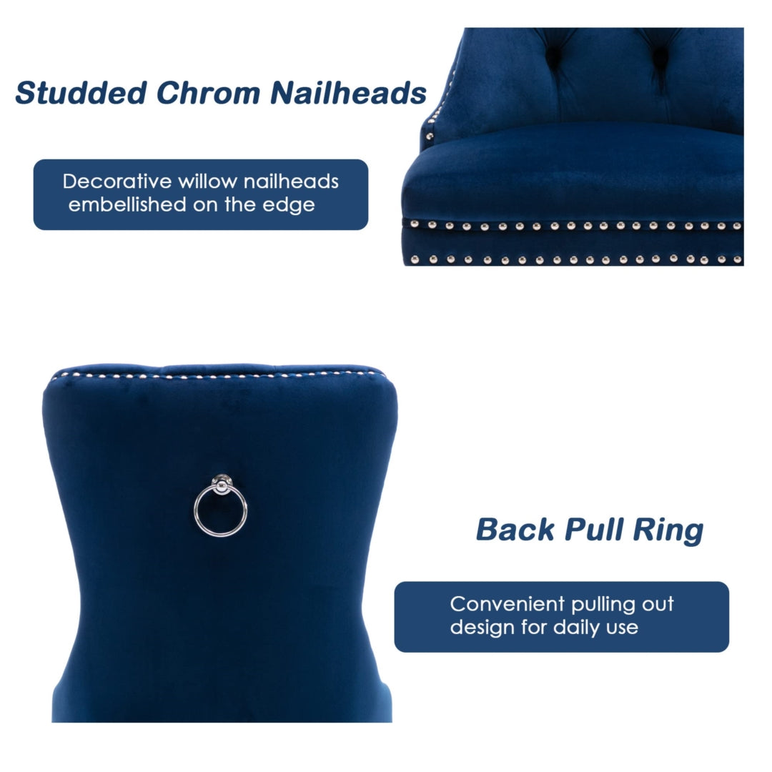 Pair of retro blue velvet tufted dining chairs with studded chrome nailhead trim and silver back pull rings, solid wood.