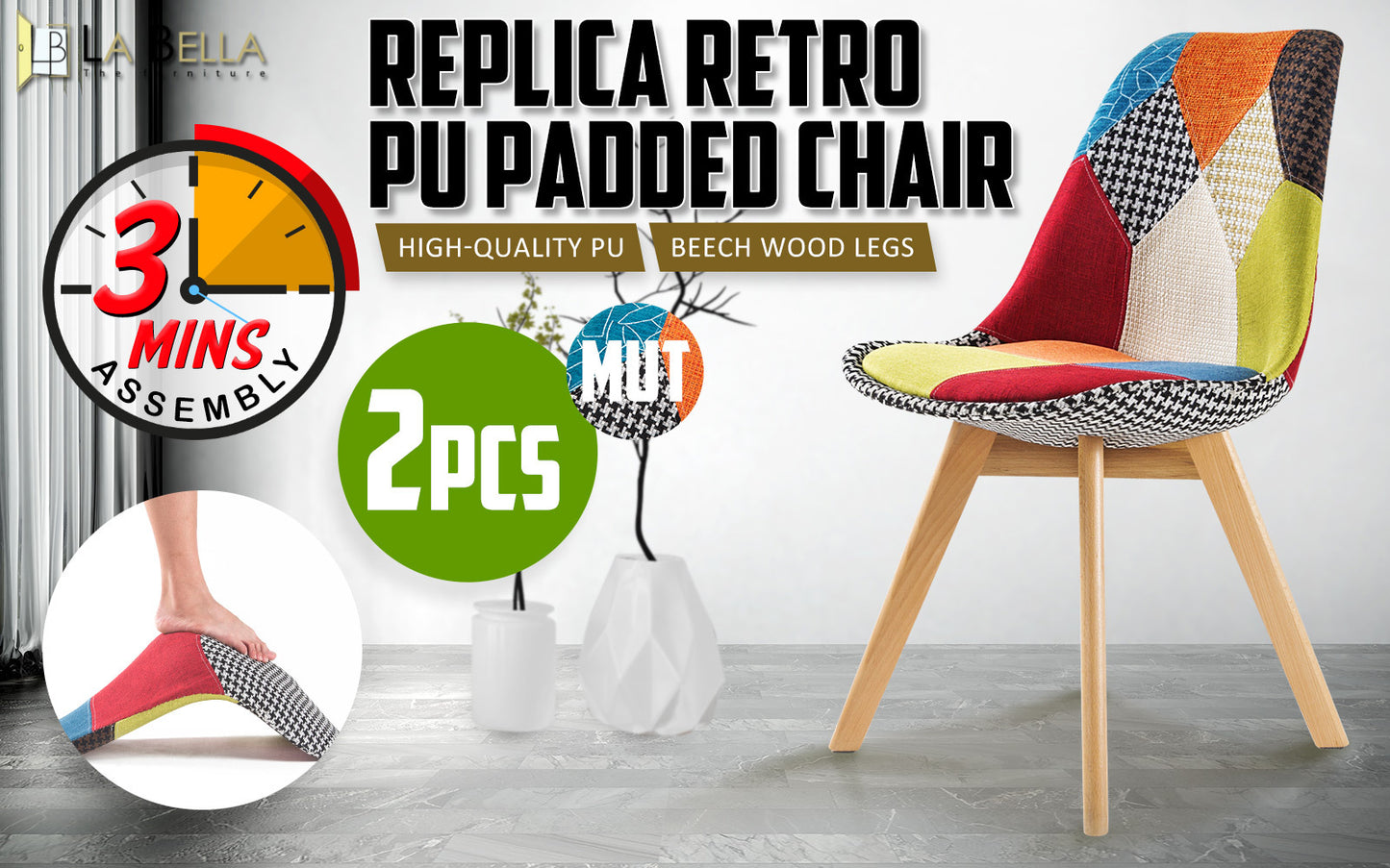 2X Retro Dining Cafe Chairs - Multi-Colour Padded Seat Mid-Century Modern Style