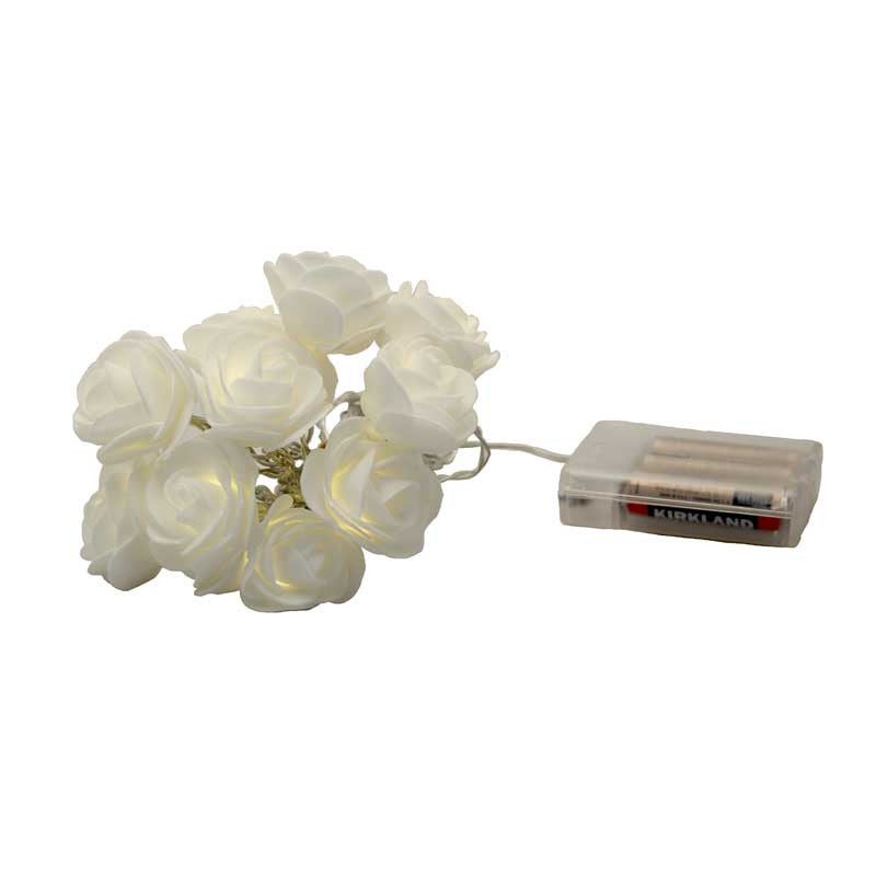 White velvet rose 3D fairy lights on a 5-meter string with clear battery pack, vintage-inspired home decor lighting from.