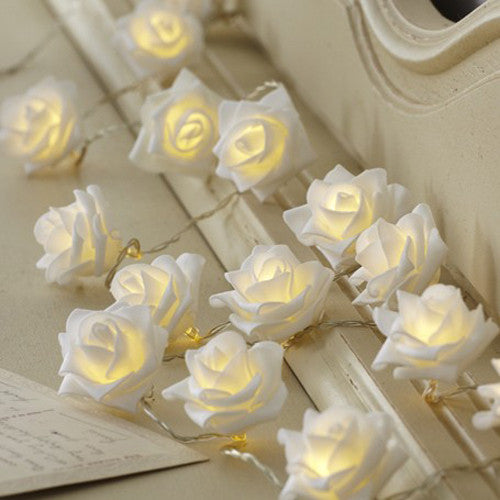 Soft white velvet 3D rose fairy lights glowing warmly on vintage cream window frame, adding retro charm to Australian home.