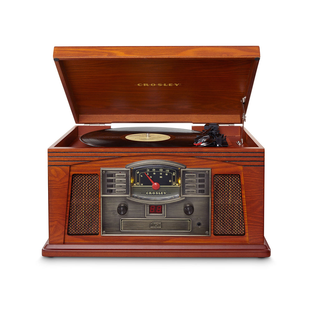 "Crosley Lancaster Bluetooth turntable in paprika front view with lid open"