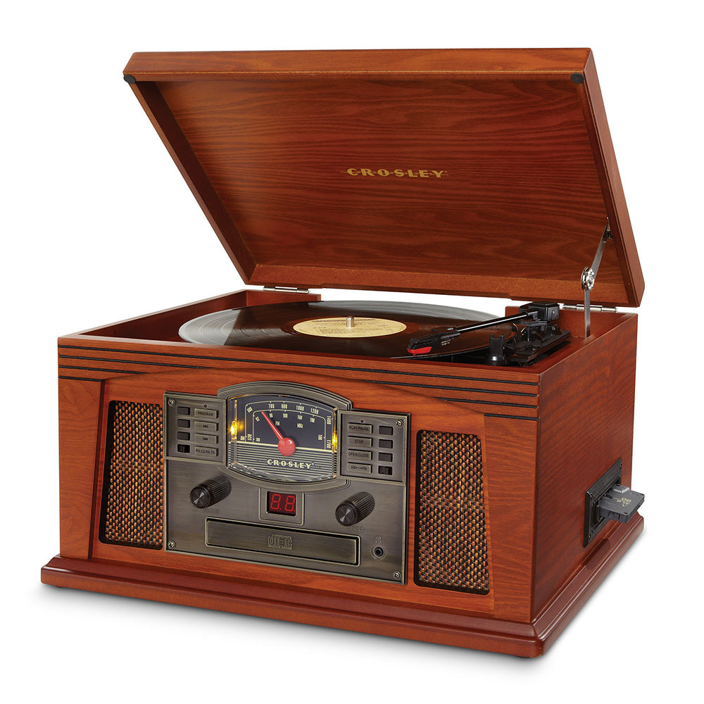 "Crosley Lancaster Bluetooth turntable in paprika side view with lid open"