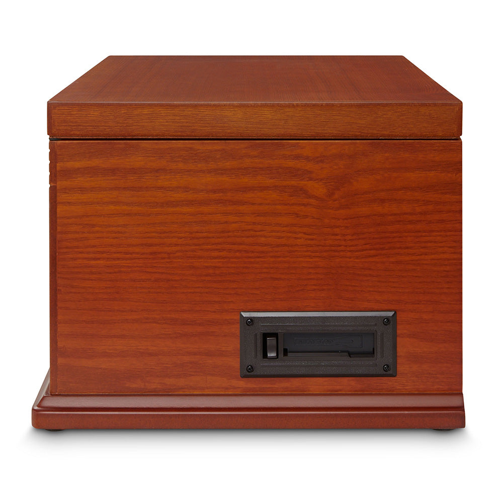 "Crosley Lancaster Bluetooth turntable in paprika back view with lid closed"