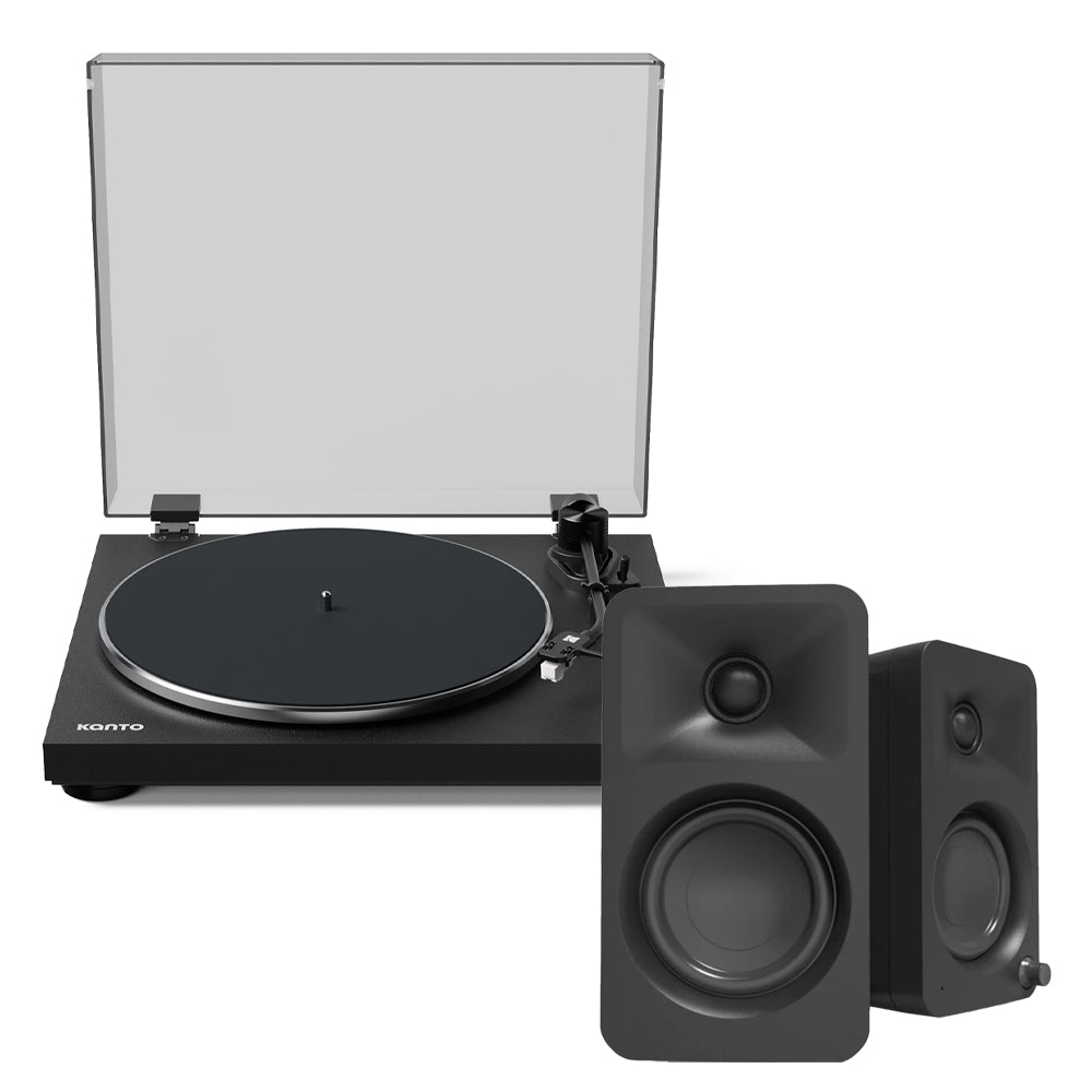 Kanto OBI3 Turntable - Matte Black with Kanto ORA 100W Powered Speakers - Black Bundle