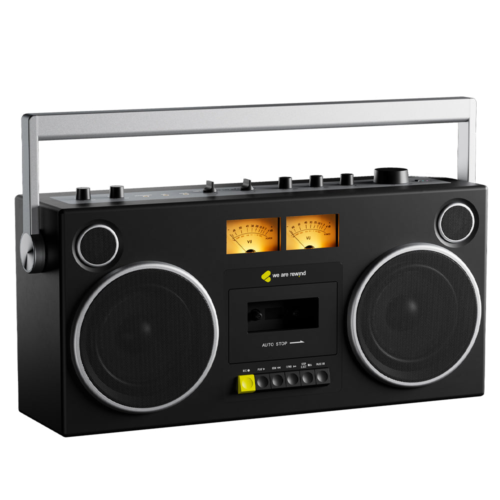 Black vintage-style Getto Blaster cassette player and recorder with silver handle and retro orange display meters, classic.