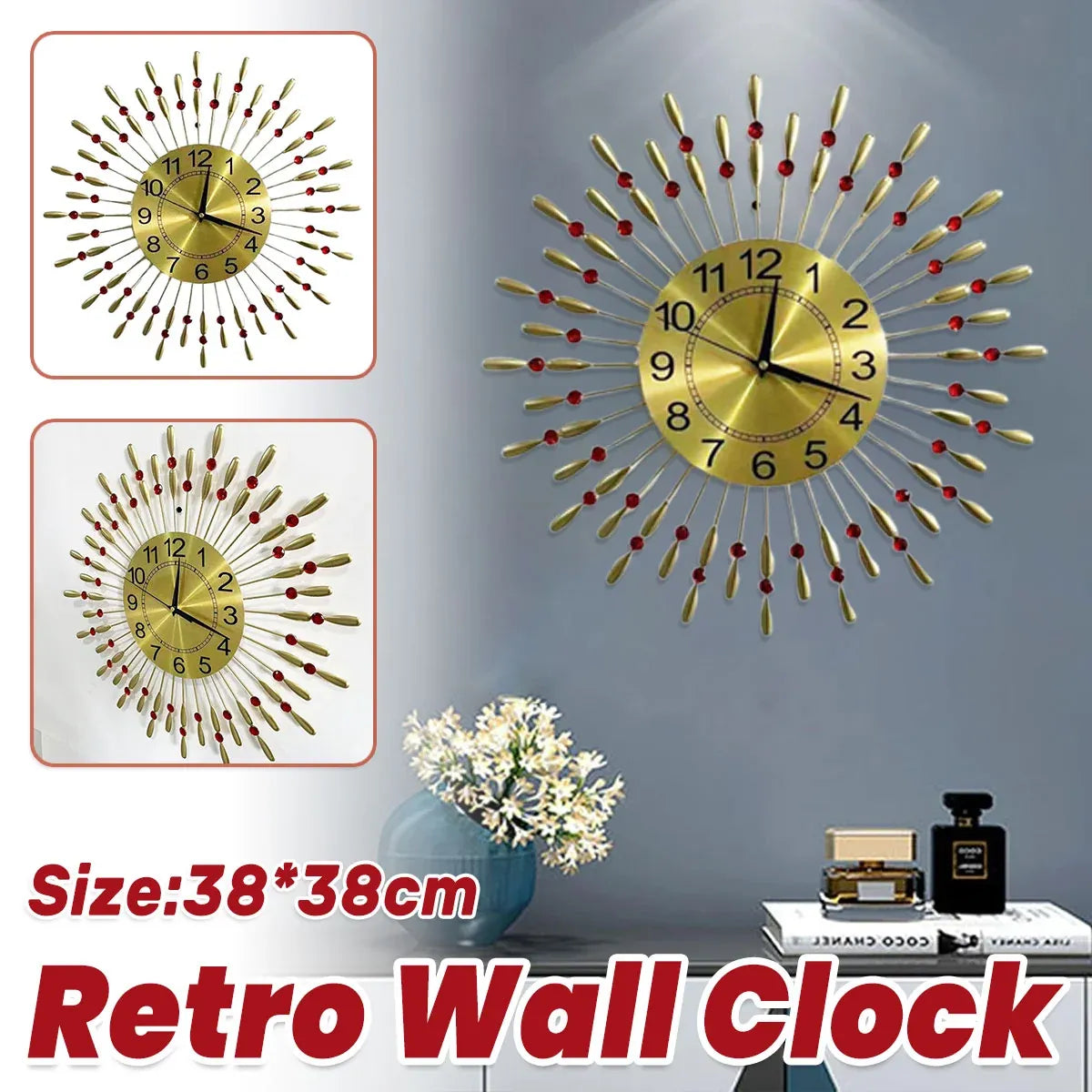 Retro-style sunburst wall clock with a gold-toned circular face and multiple radiating metal arms tipped with small red beads, shown mounted on a gray wall above a table with decorative items. Two smaller inset views on the left show alternate clock faces, and large red text at the bottom reads 'Size:38*38cm Retro Wall Clock'.