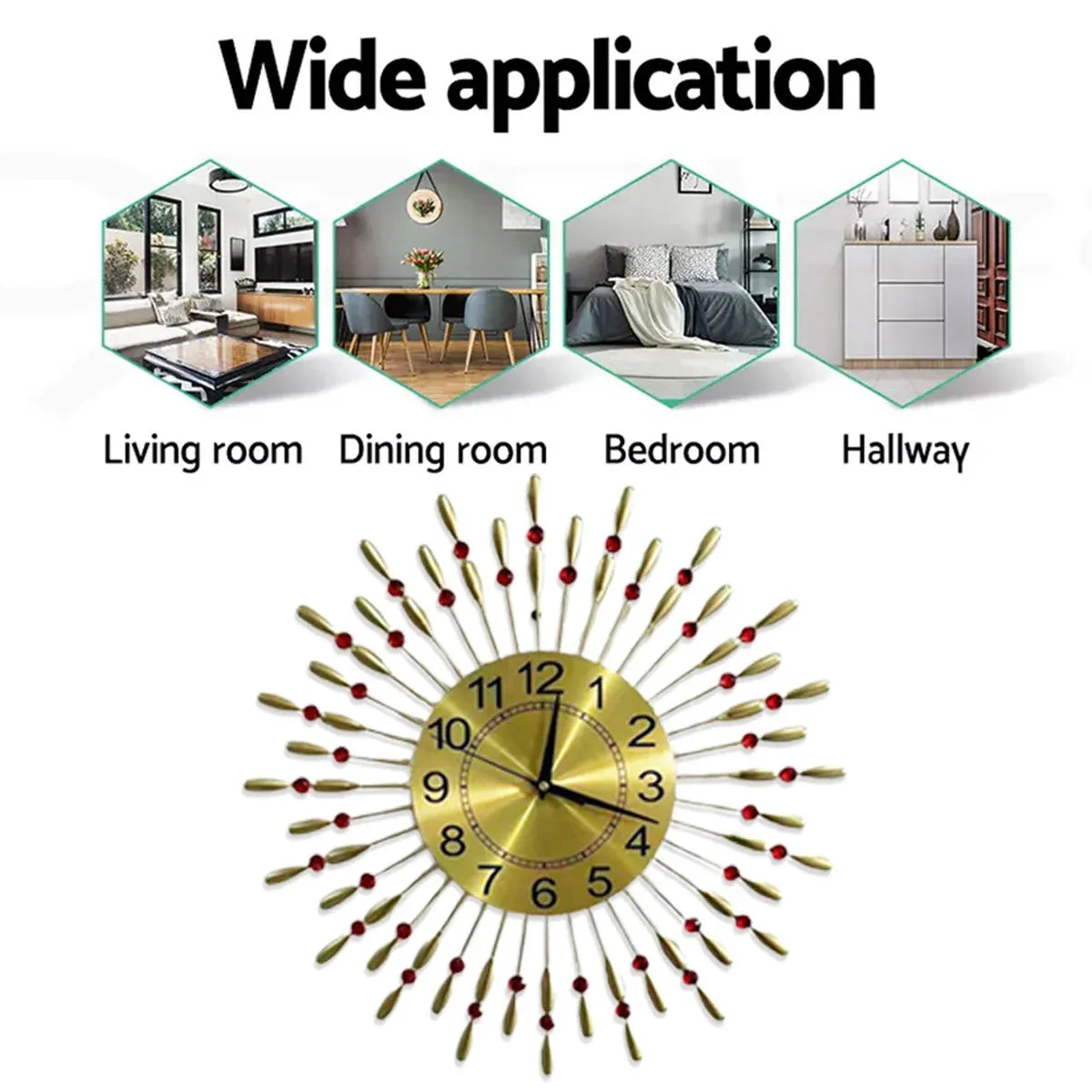 A gold sunburst wall clock with red bead accents and black numbers, shown below four lifestyle room scenes labeled Living room, Dining room, Bedroom, and Hallway under the heading 'Wide application'.