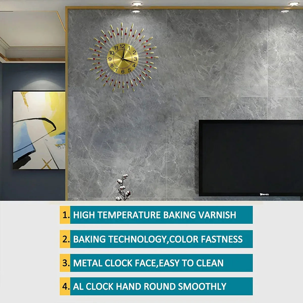 A gold round wall clock with a sunburst metal frame and colorful clock hands, mounted on a gray marble-patterned wall in a modern living room setting. A black TV is visible on the right, and a colorful abstract painting is on the left.