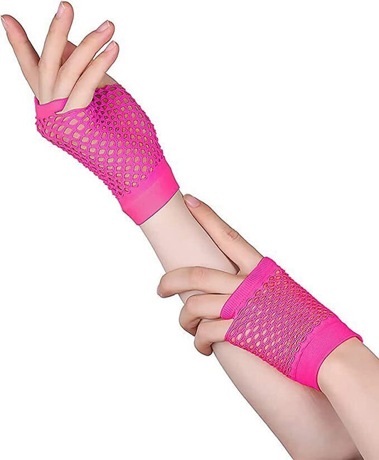Hot Pink Fishnet Gloves 24 Pack - Wrist Length 70s 80s Costume Party Gloves