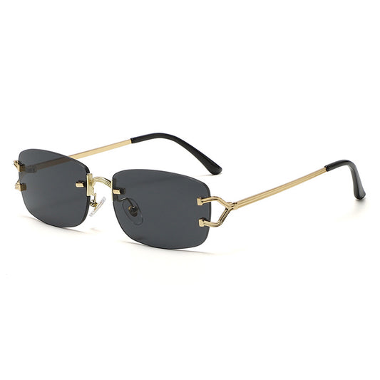 Black Frameless Diamond-Cut Sunglasses - Trendy Metallic Temple Fashion Eyewear