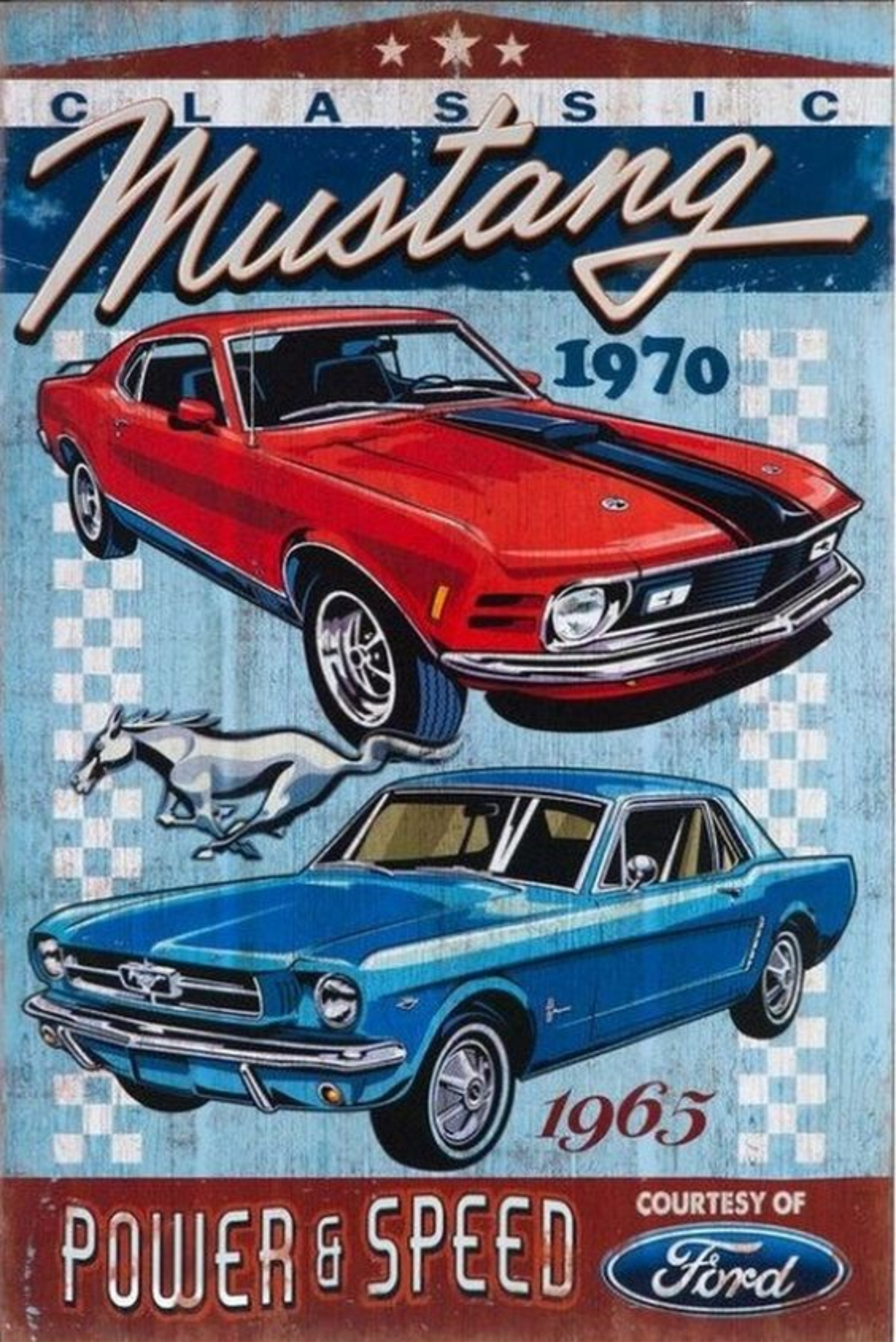 Vintage-style advertisement for Ford Mustangs from 1963 and 1970 with a checkered pattern background.