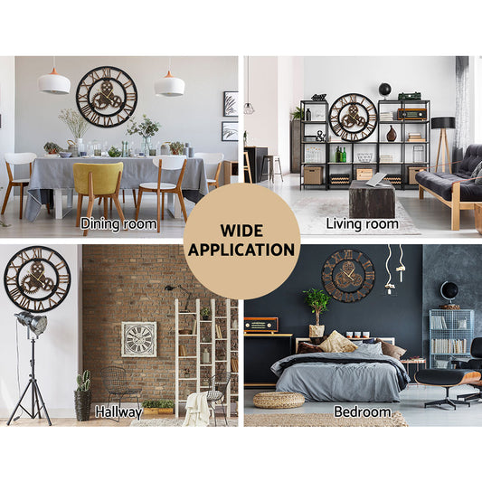 Large 80cm brown retro wall clock with vintage Roman numerals, displayed in velvet-accented dining room with modern chairs.