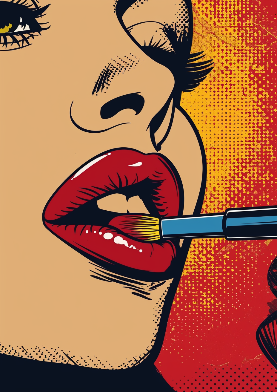 Pop art style illustration of a woman's face with red lips and a makeup brush, set against a colorful background.