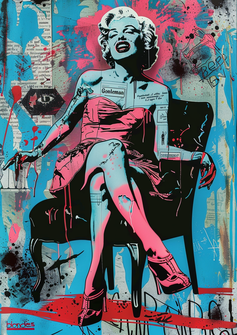 Artistic depiction of a woman in a pink dress with a blue and red abstract background