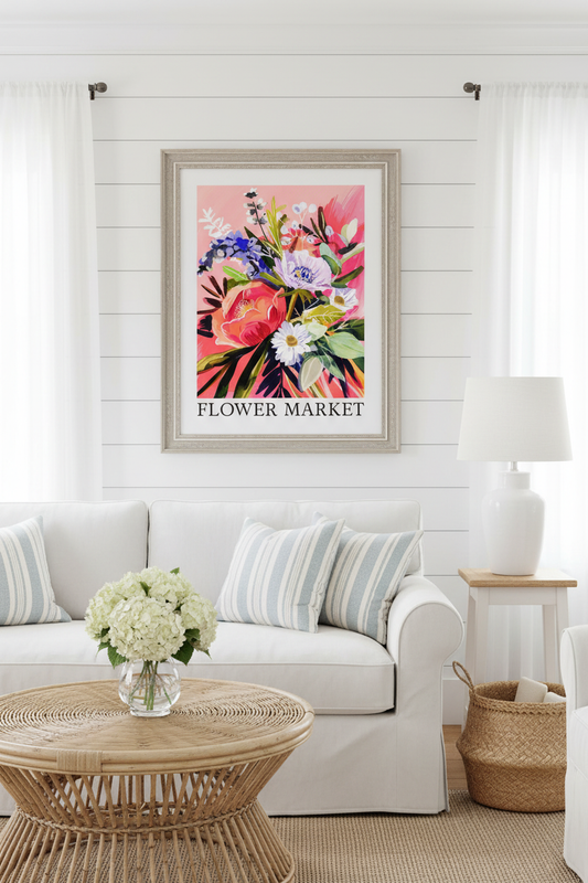 Flower Market Wall Art Set of 3 framed in a bright Hamptons-style living room