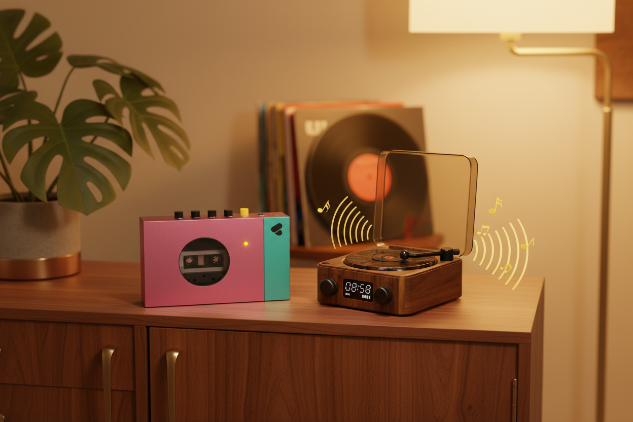 We Are Rewind Portable Cassette Player paired with Retro Bluetooth Gramophone Speaker as a retro audio duo
