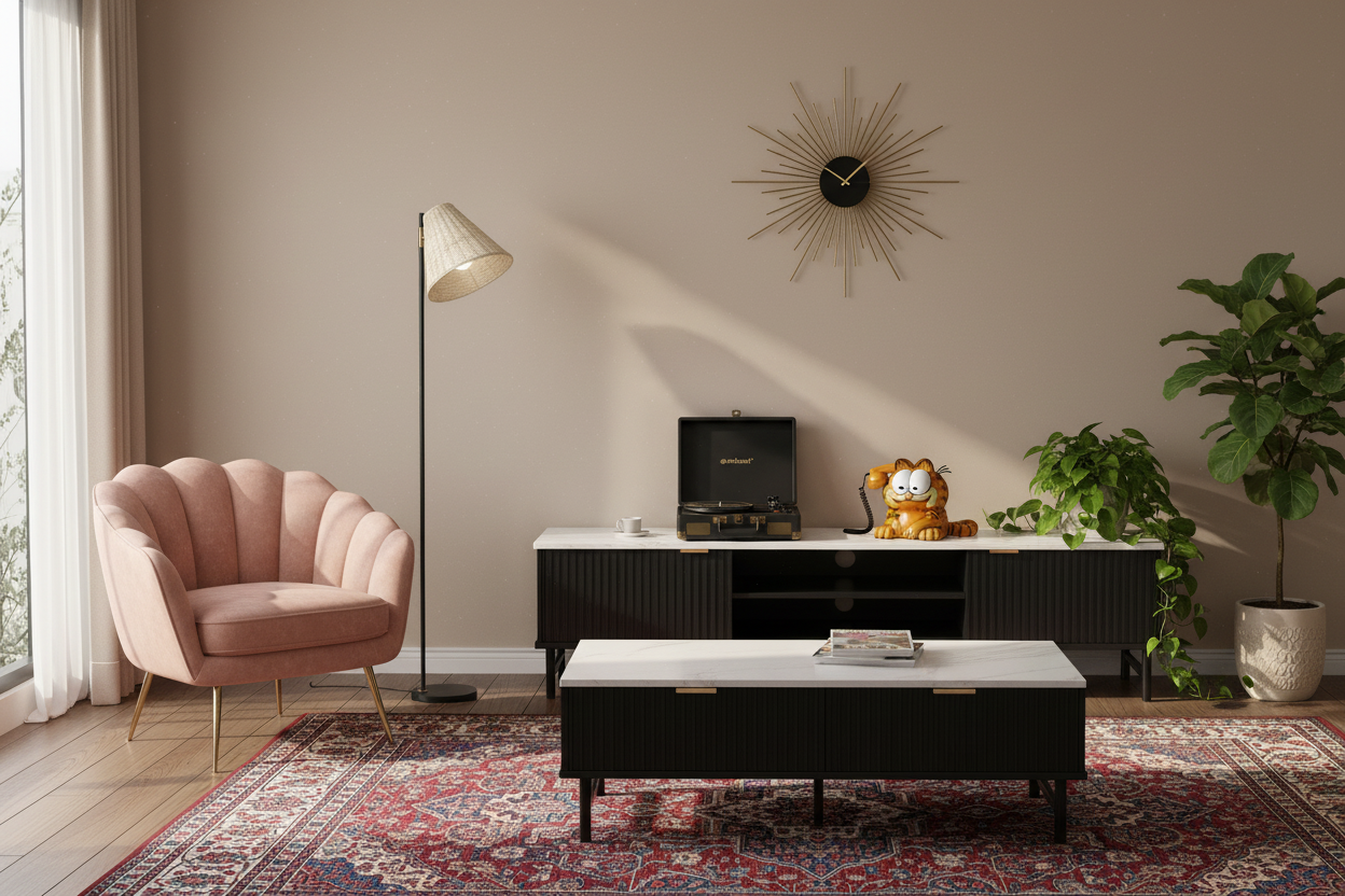 Modern living room with a pink armchair, coffee table, and decorative items.