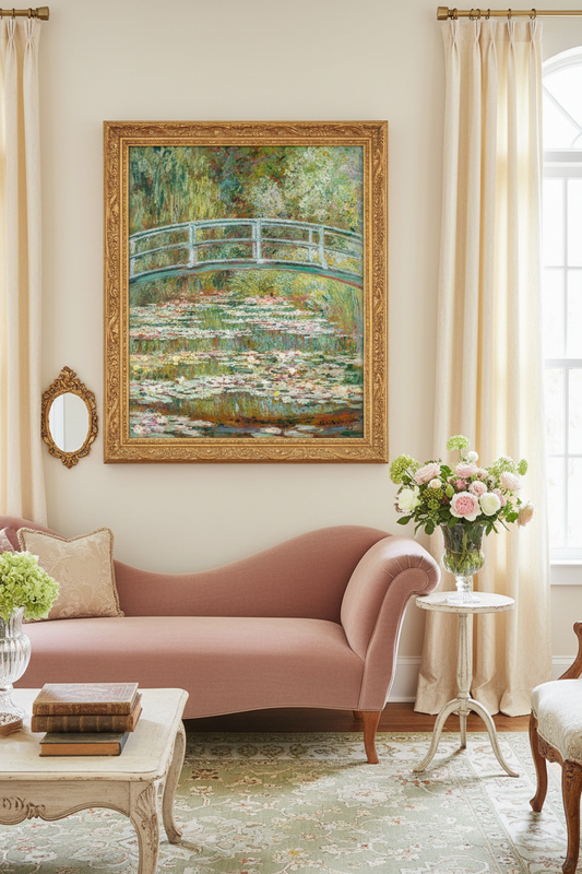 Vintage French Impressionist Art Print Set of 3 framed in an elegant French-inspired living room