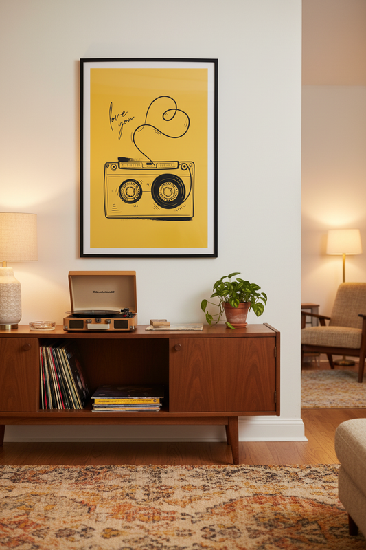 Retro Music Wall Art Print Set of 4 framed in a styled retro music lover's living room