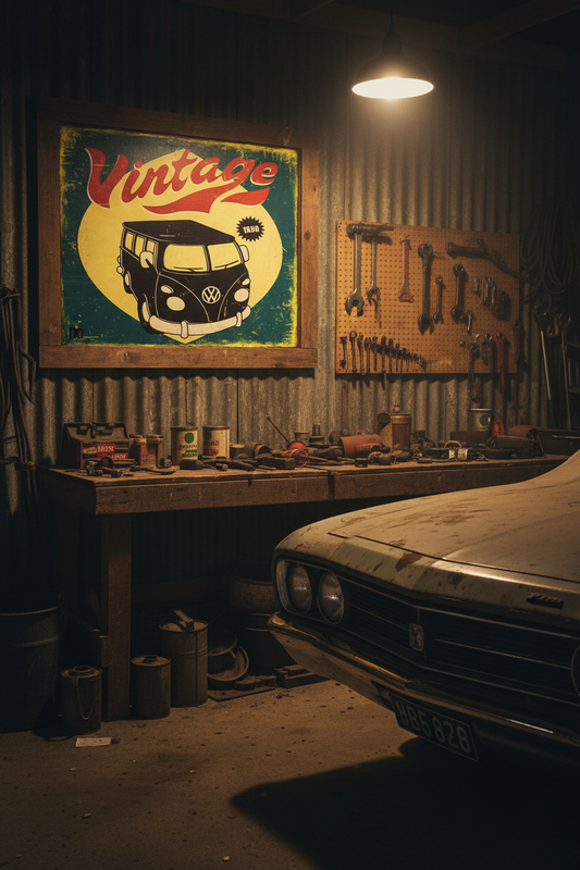 Vintage Garage Wall Art Set of 5 framed in an old school Australian bloke's garage