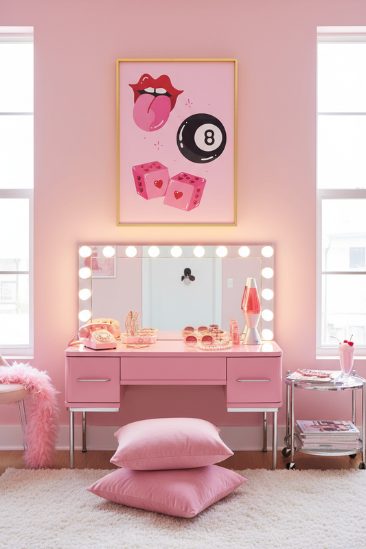 Retro Lucky Girl Wall Art Set of 4 framed in a styled retro pink bedroom